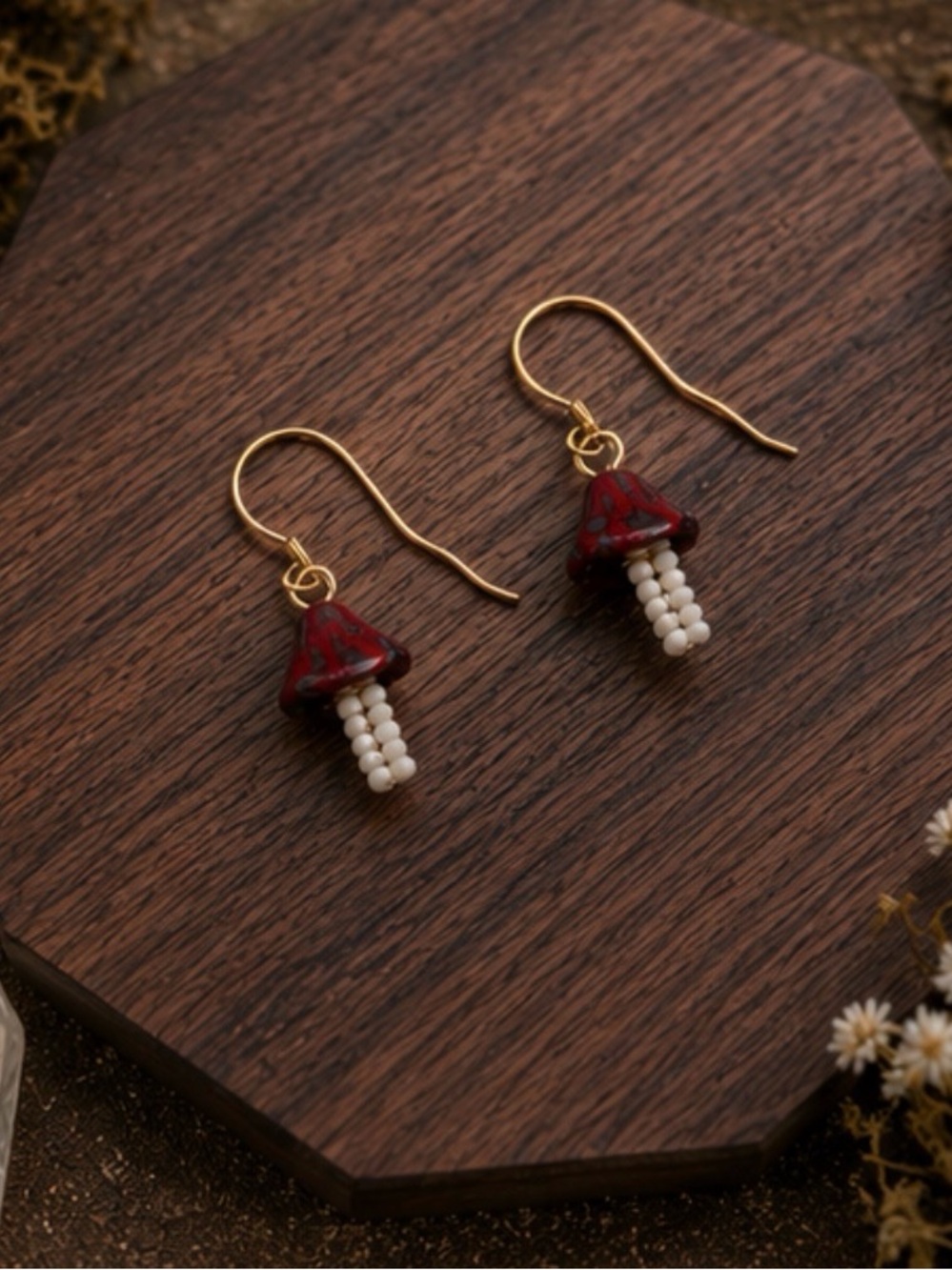 Handcrafted Seed Bead Red Mushroom Drop Earrings
